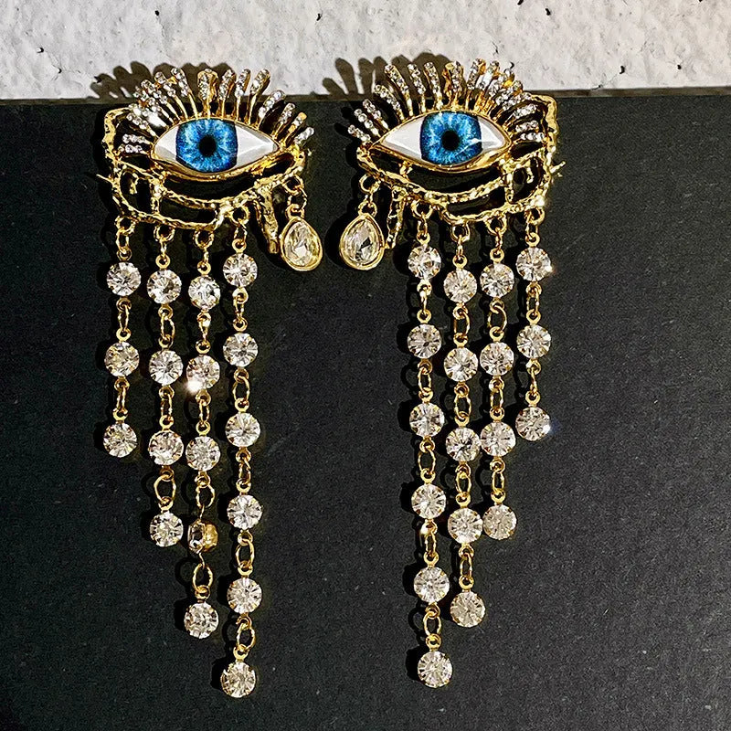 Gold plated artificial crystal zircon long tassel earrings with vintage eye design and Sterling Silver needle