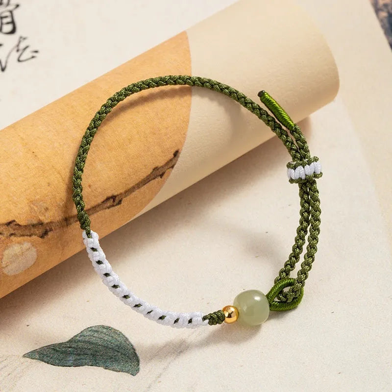 Hetian jade national tide bracelet with sterling silver carrying strap on adjustable electroplated cord