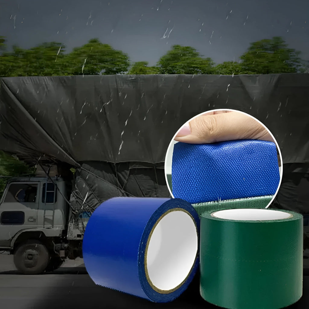 Roll of blue truck rainproof cloth repair tape 8cm wide 5m long on grey surface