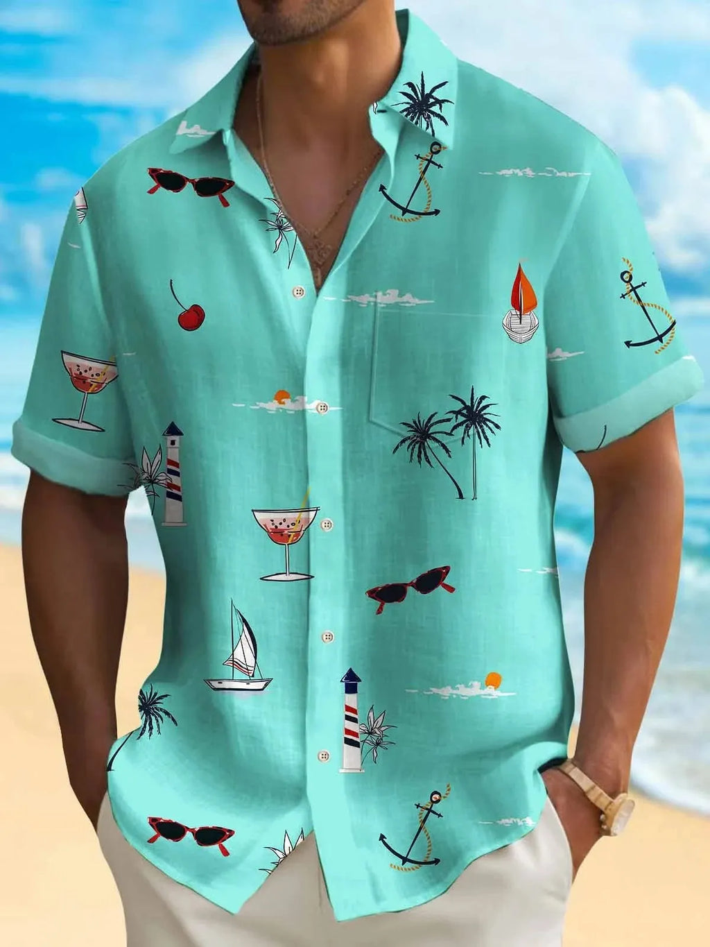Men's loose-fit digital print Hawaiian shirt in polyester on a hanger.