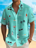 Men's loose-fit digital print Hawaiian shirt in polyester on a hanger.
