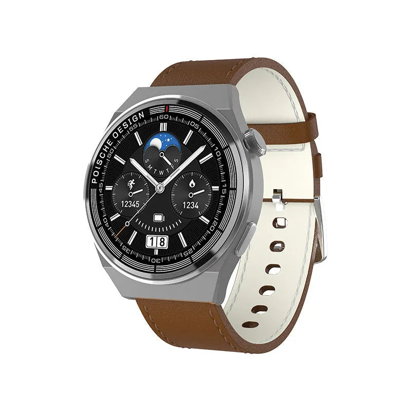 Circular black smartwatch with silicone strap on a wrist, showing a home screen with NFC, call, and health icons.