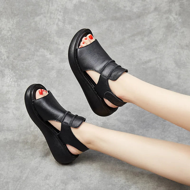 Peep toe women's casual sandals in cowhide leather with raised bottom sole, fish mouth toe, low top, black colour