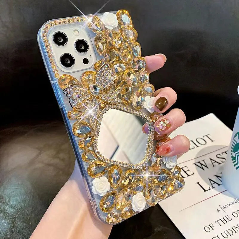 Rhinestone mirror bow silicone phone case for iPhone, aura bright white flower colour, all-inclusive design