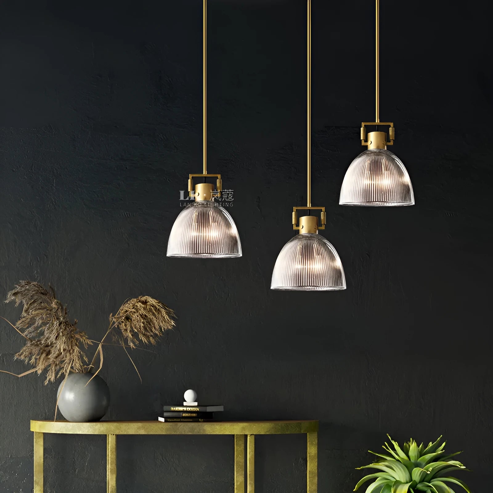 American retro striped glass chandelier with copper metal frame and transparent glass cover, 36cm diameter