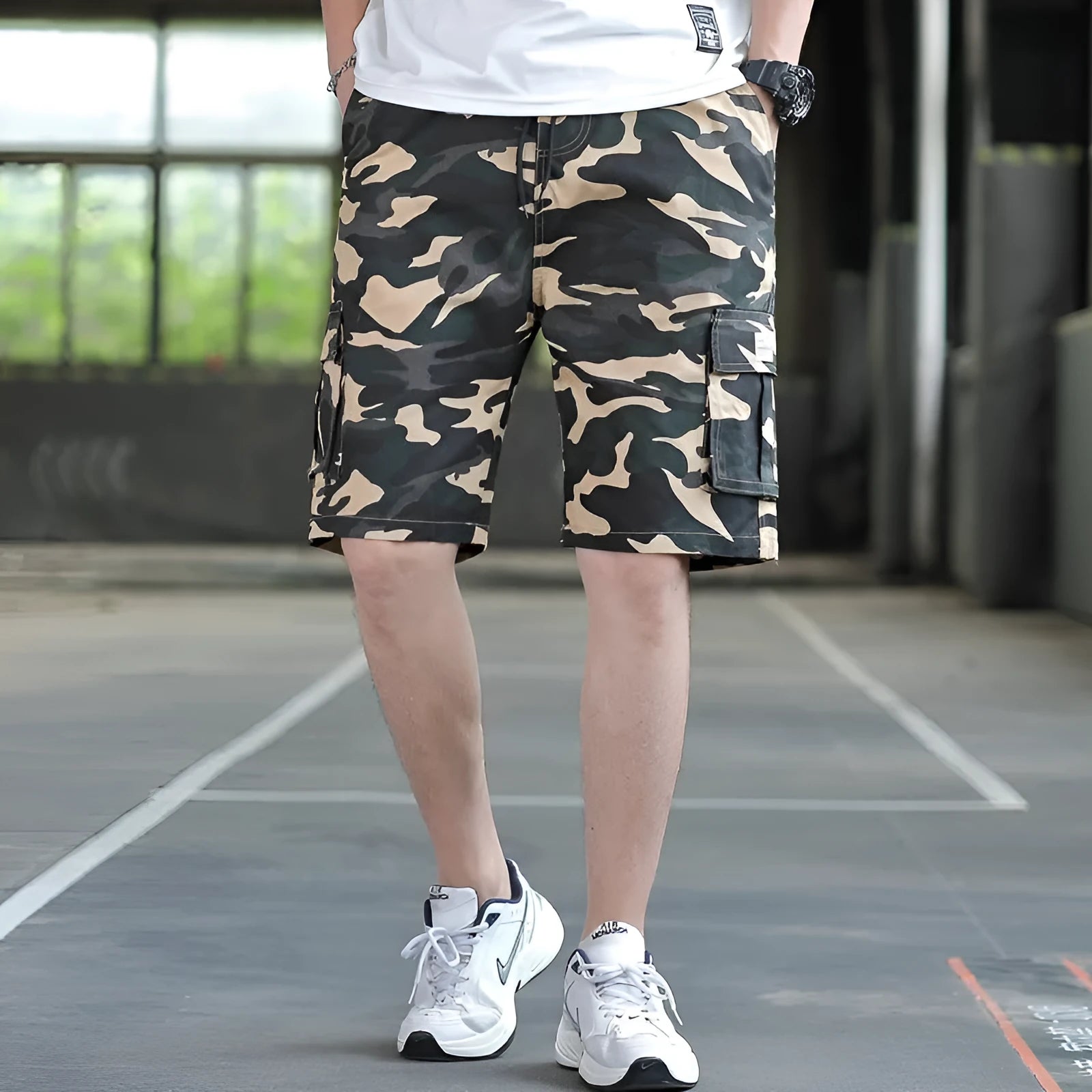 Man wearing loose-fit khaki casual trousers, showing the Korean style and thin fabric texture.