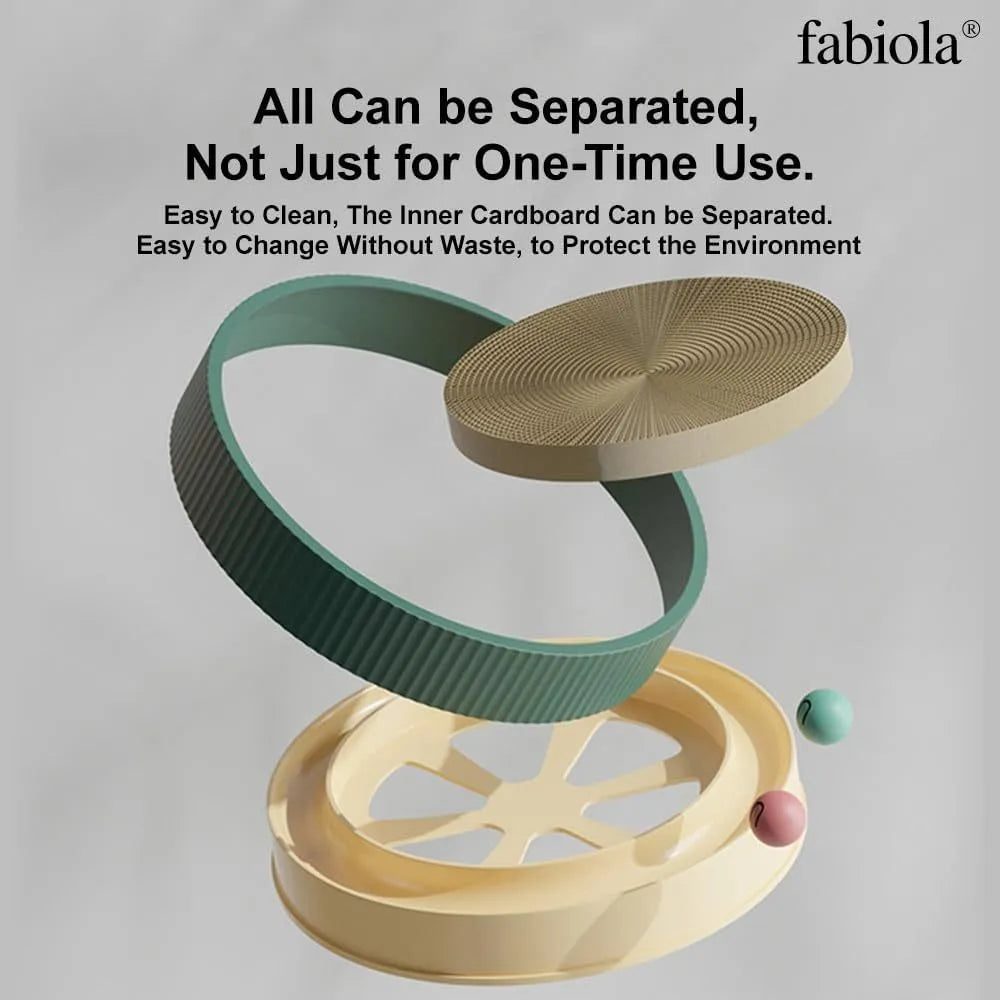 Large circular cat scratching board with integrated ball toys and refillable cardboard core
