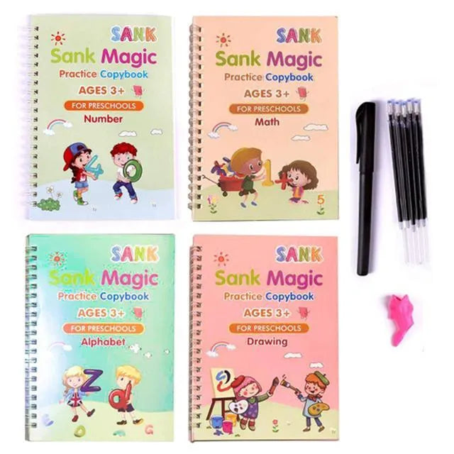 Four magic calligraphy copybooks with square slot design and pen set for children's handwriting practice