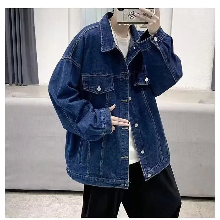 Ins Autumn Loose-fitting Denim Jacket in dark blue with side seam pockets, front view