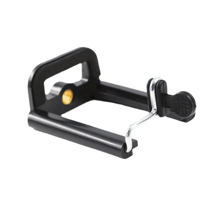 Black plastic U-shaped clip phone holder bracket for mounting on poles and handles.