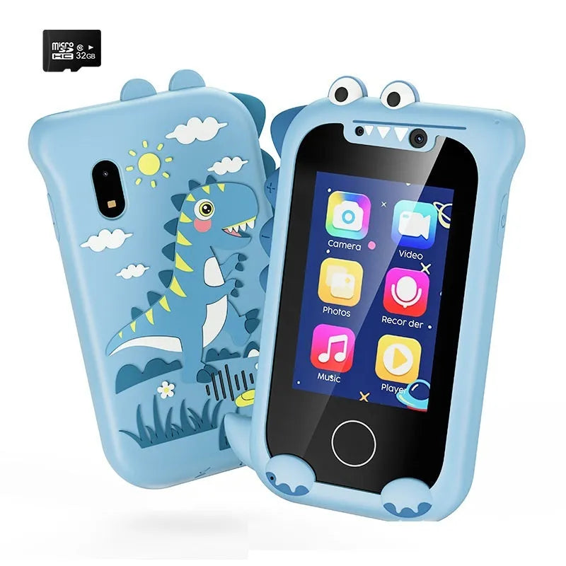 Blue educational toy mobile phone with silicone case showing touch screen and camera functions
