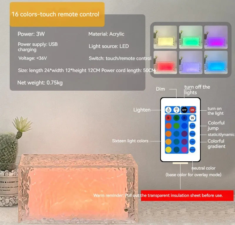 Geometric ice cube shaped acrylic night lamp with colour changing lights on wooden surface