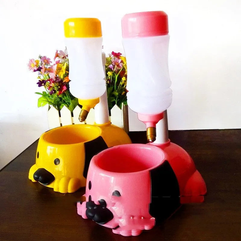 Adjustable height pet drinking bowl with rod mechanism in blue, pink or yellow colours