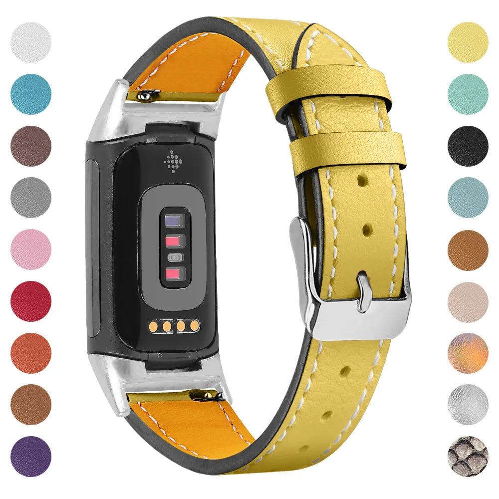 Genuine cowhide leather replacement strap for Fitbit Charge 5 and Charge 6 smartwatches in various colours.