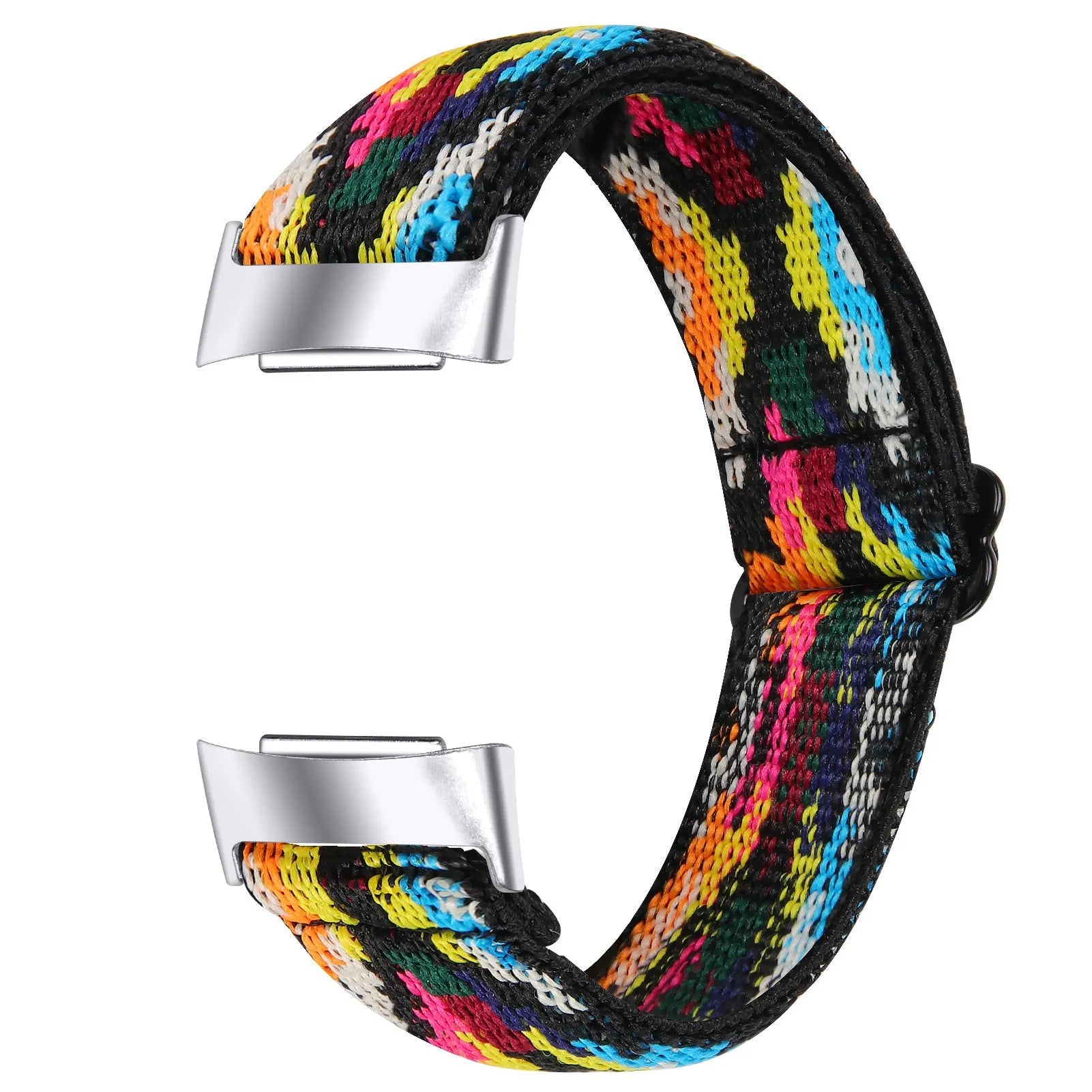 Printed elastic replacement watch strap compatible with Fitbit Charge 6, shown in an adjustable length.