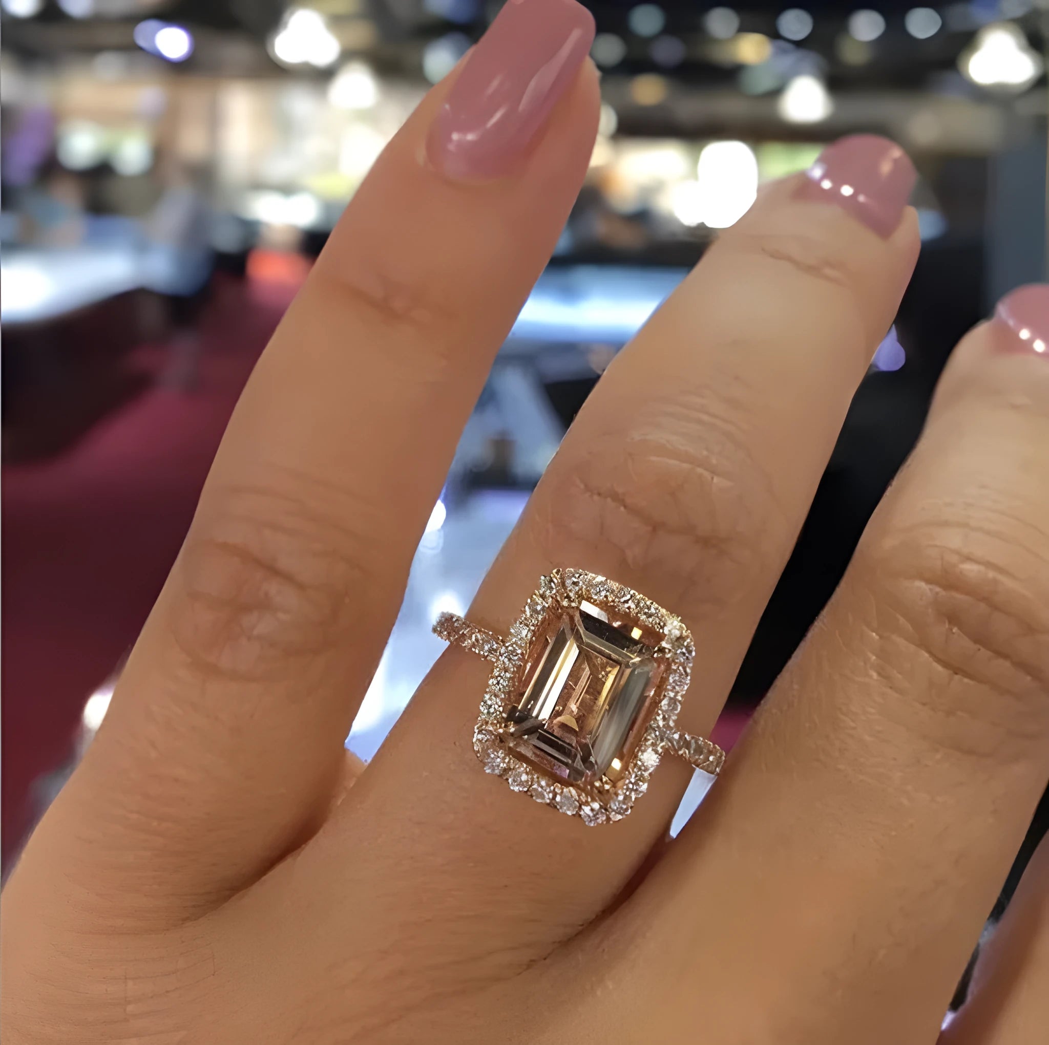 Rose gold champagne rhinestone ring alloy flower shape with square elements cold wind style women's jewellery