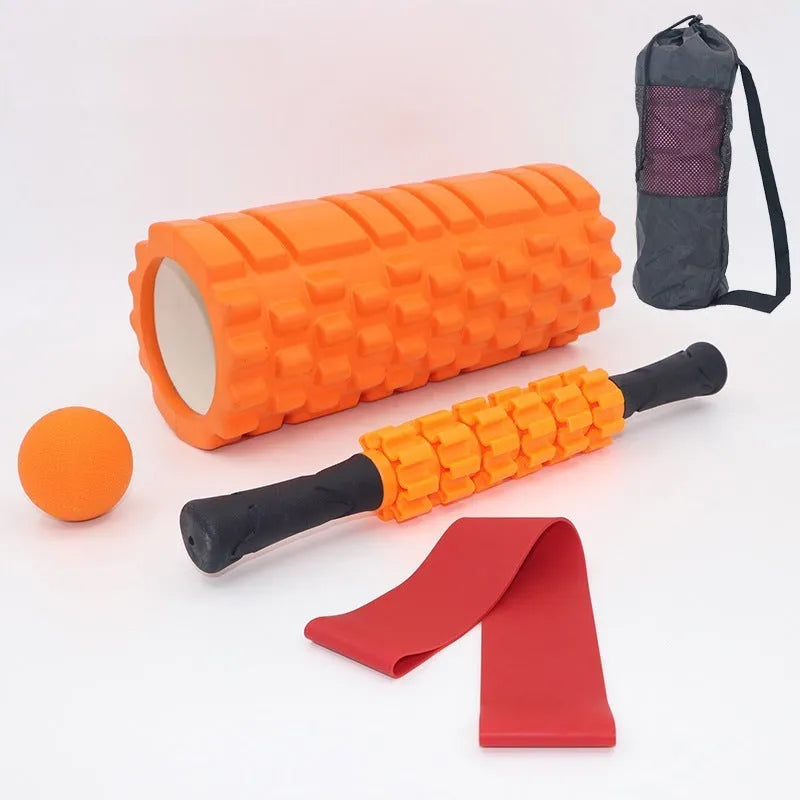 Black foam massage roller stick with six segmented gear design, 33cm length