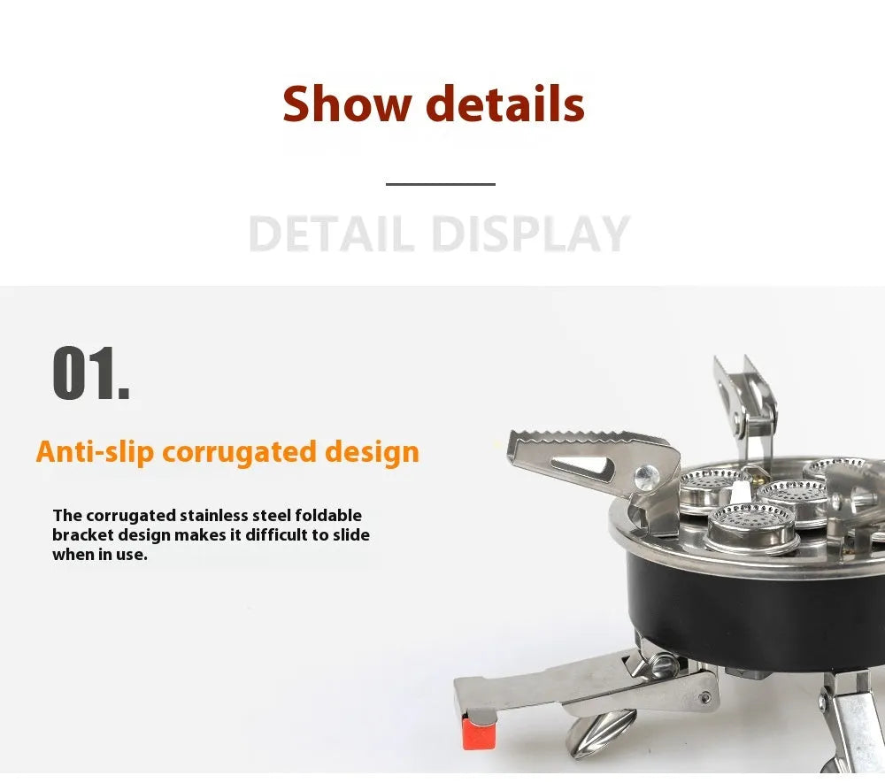Silver portable split camping stove made of stainless steel and copper, shown folded with gas hose.