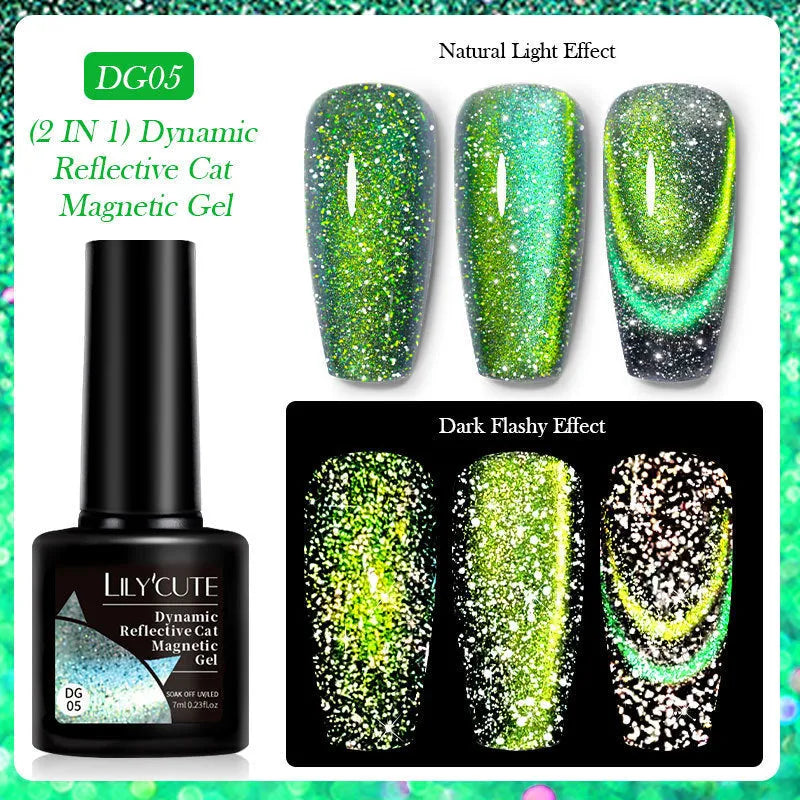Cat eye nail polish gel with diamond glitter fragments in six colour style options including fluorescent UV brilliant variations