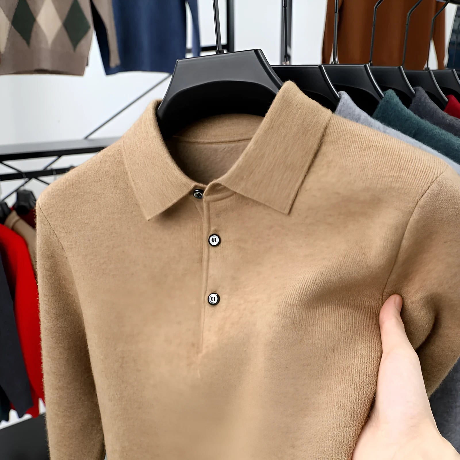 Men's turn-over collar polo shirt knitwear in fancy twill camel with long sleeves
