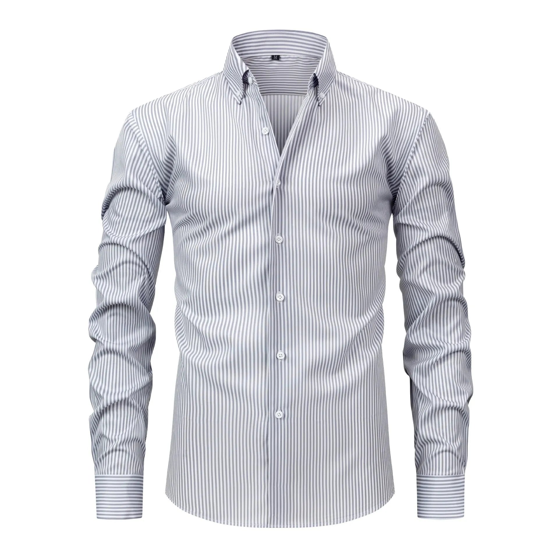 Man wearing a striped long-sleeved business casual shirt with a lapel collar.