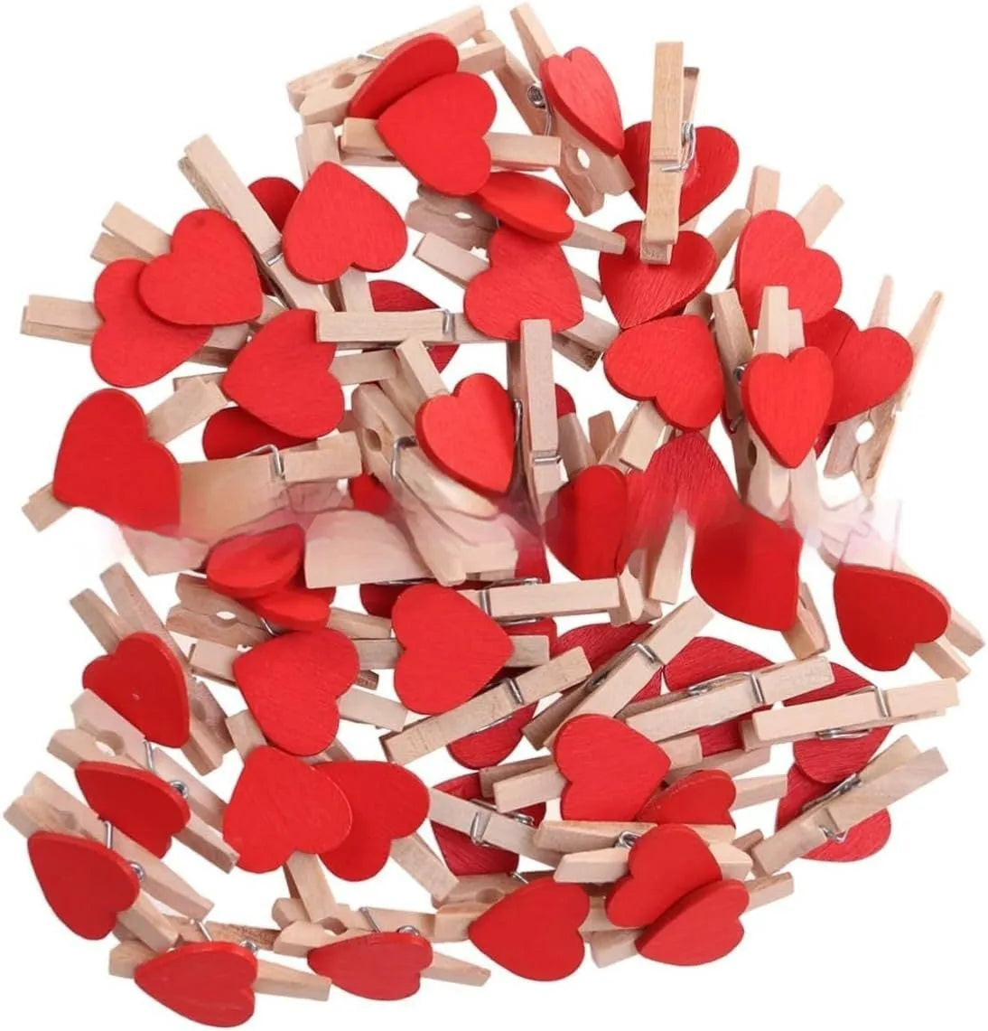 Set of five heart-shaped wooden hair clips in red, pink, white, and yellow colours.