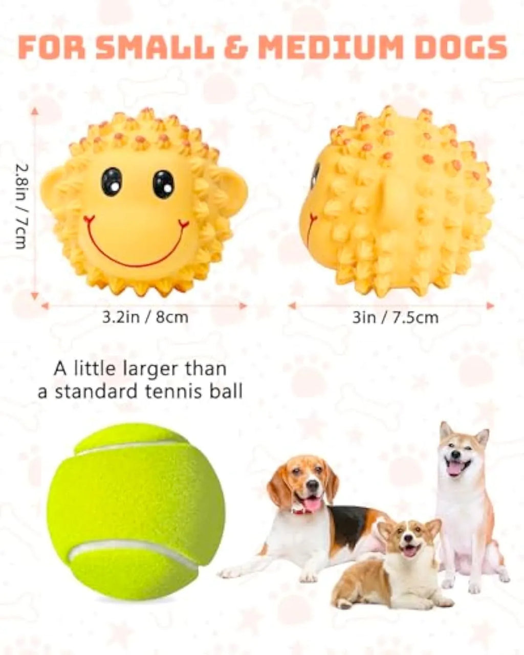 Set of two squeaky natural latex dog toys in lamb and monkey shapes, 3 inches diameter, orange and yellow colours