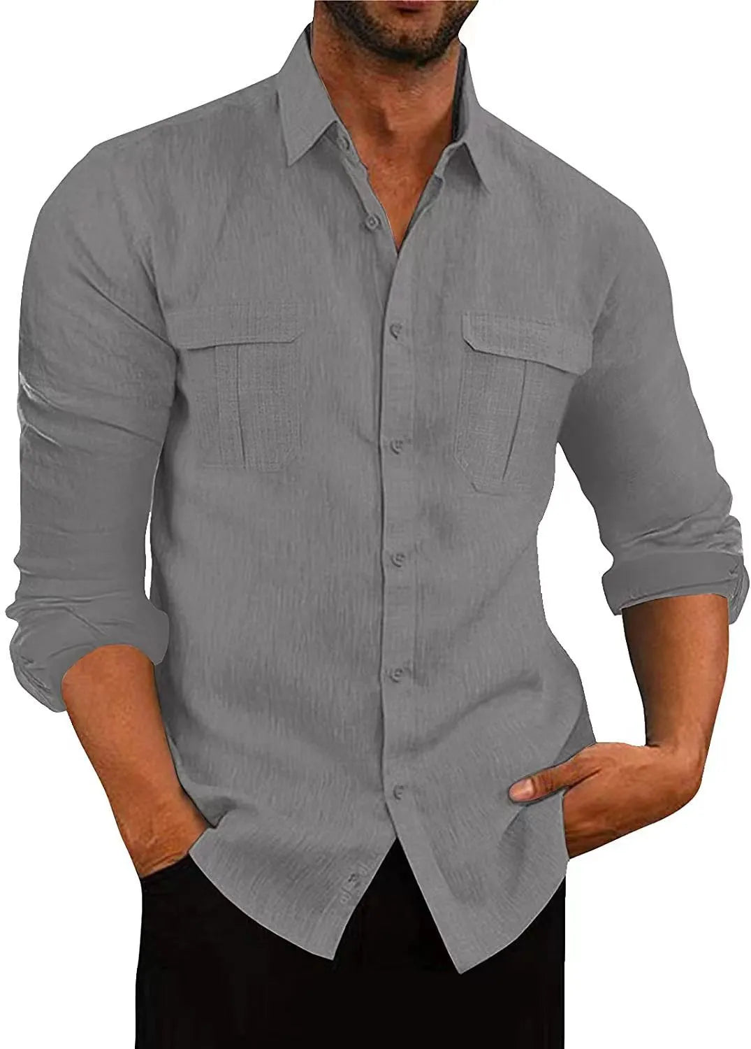 Men's double pocket cotton-linen pullover shirt in loose fit lapel collar style