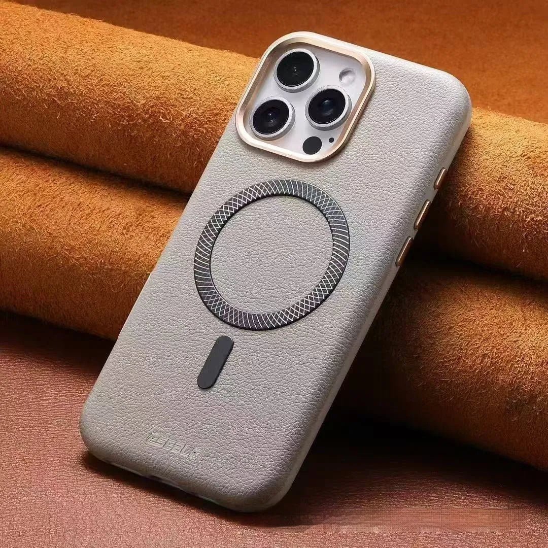 Triangle shield magnetic suction phone case in black for iPhone 15 drop-resistant leather cover