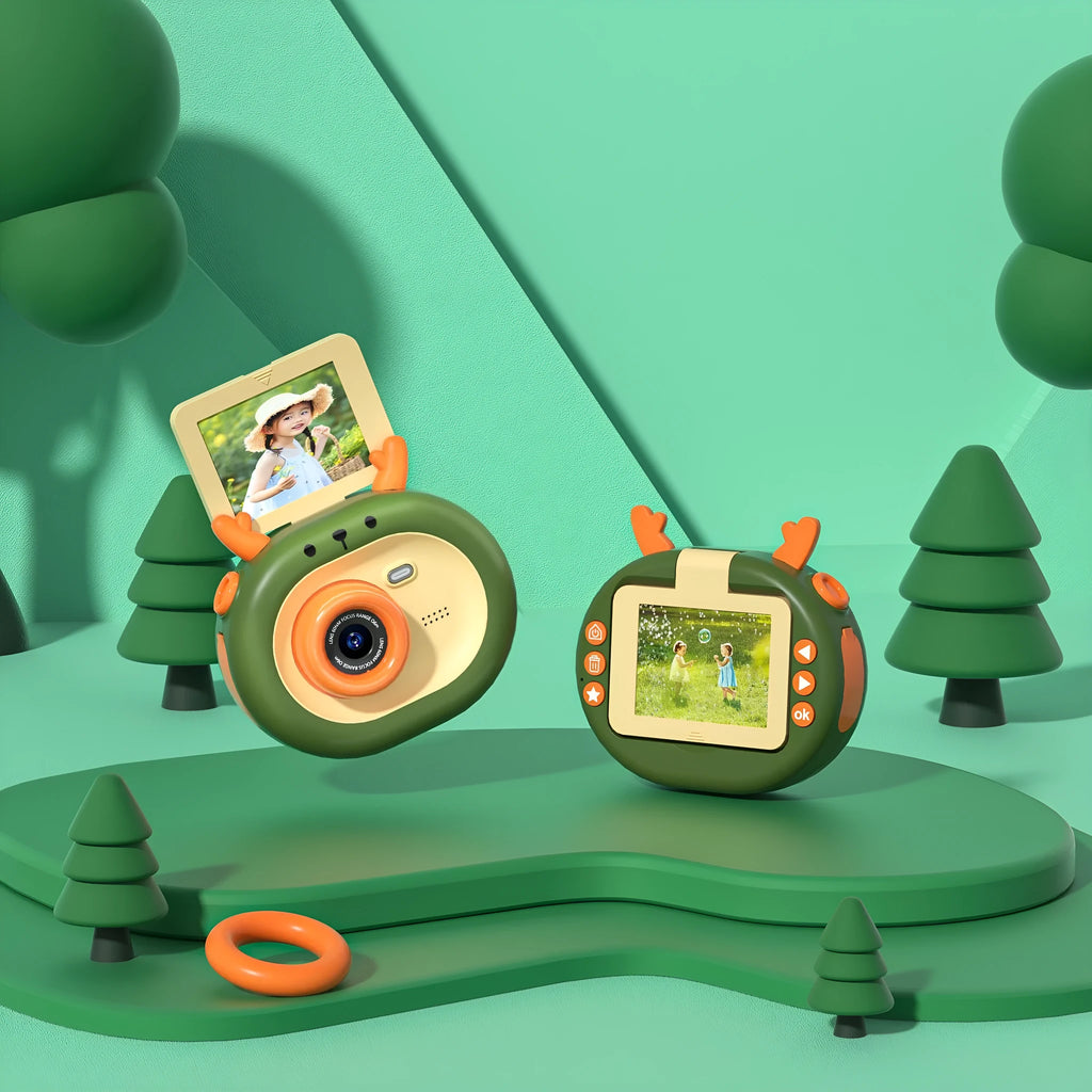 Purple and dark green children's digital camera with flip screen, silicone case, and USB cable