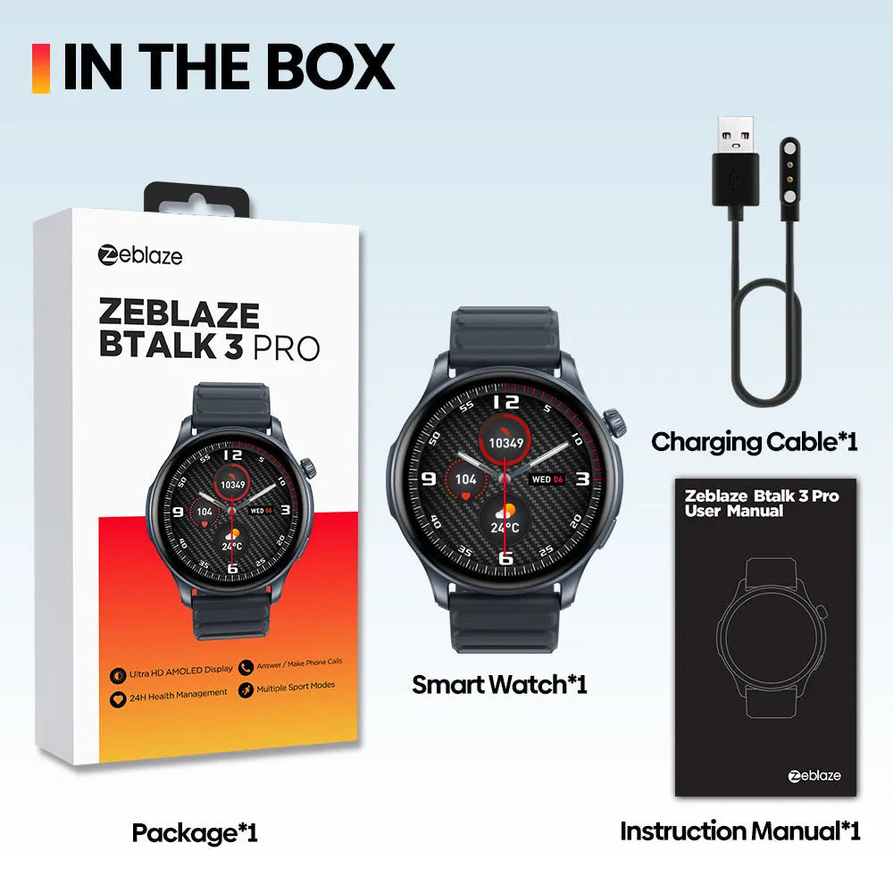 Btalk 3 Pro smart watch with AMOLED display showing health metrics, available in grey, pink and blue colours