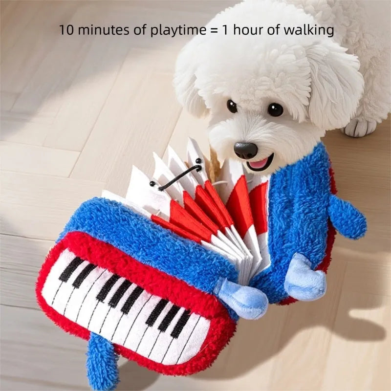 Blue accordion dog squeak toy with food hiding compartment on white background