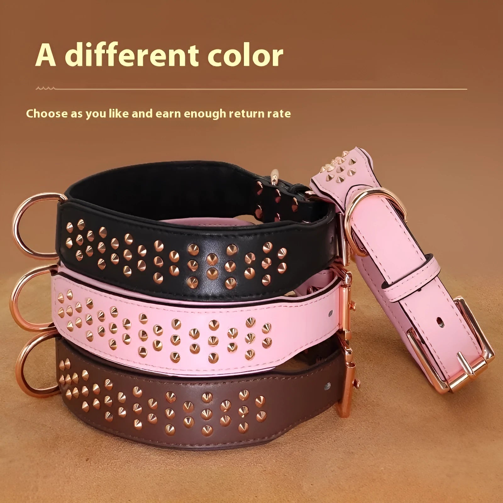 Leather dog collar with stainless steel rivets in black, chocolate, and pink colour options.