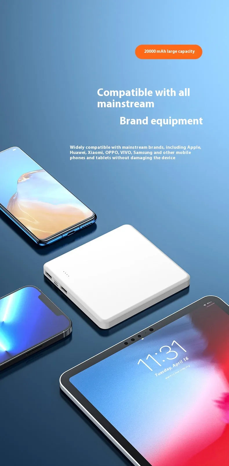 White 20000mAh portable fast charge power bank with QC3.0 graphene cell and Type-C/Micro input
