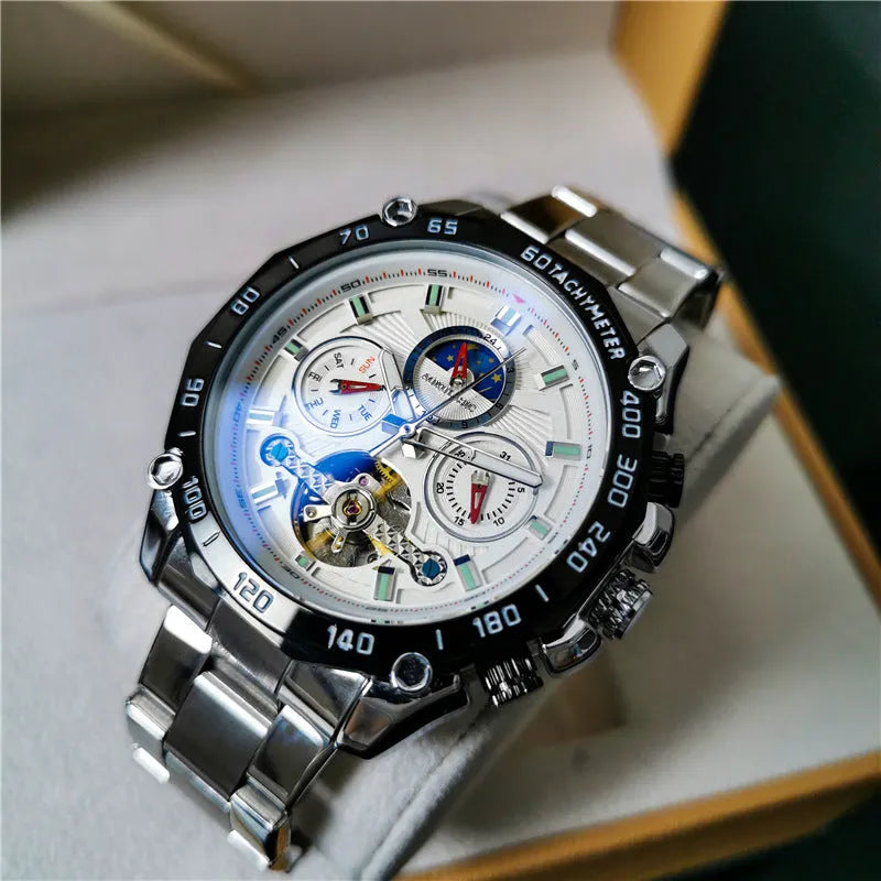 Men's automatic mechanical watch with various colour combinations showing 12mm thickness profile