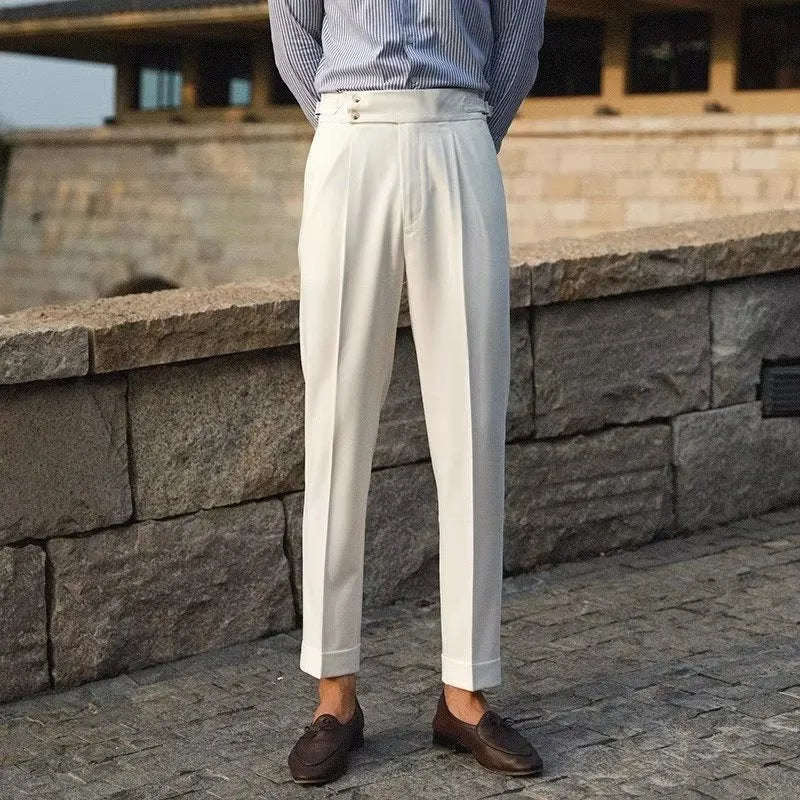 Men's slim fit polyester suit trousers in straight leg design for business formal wear