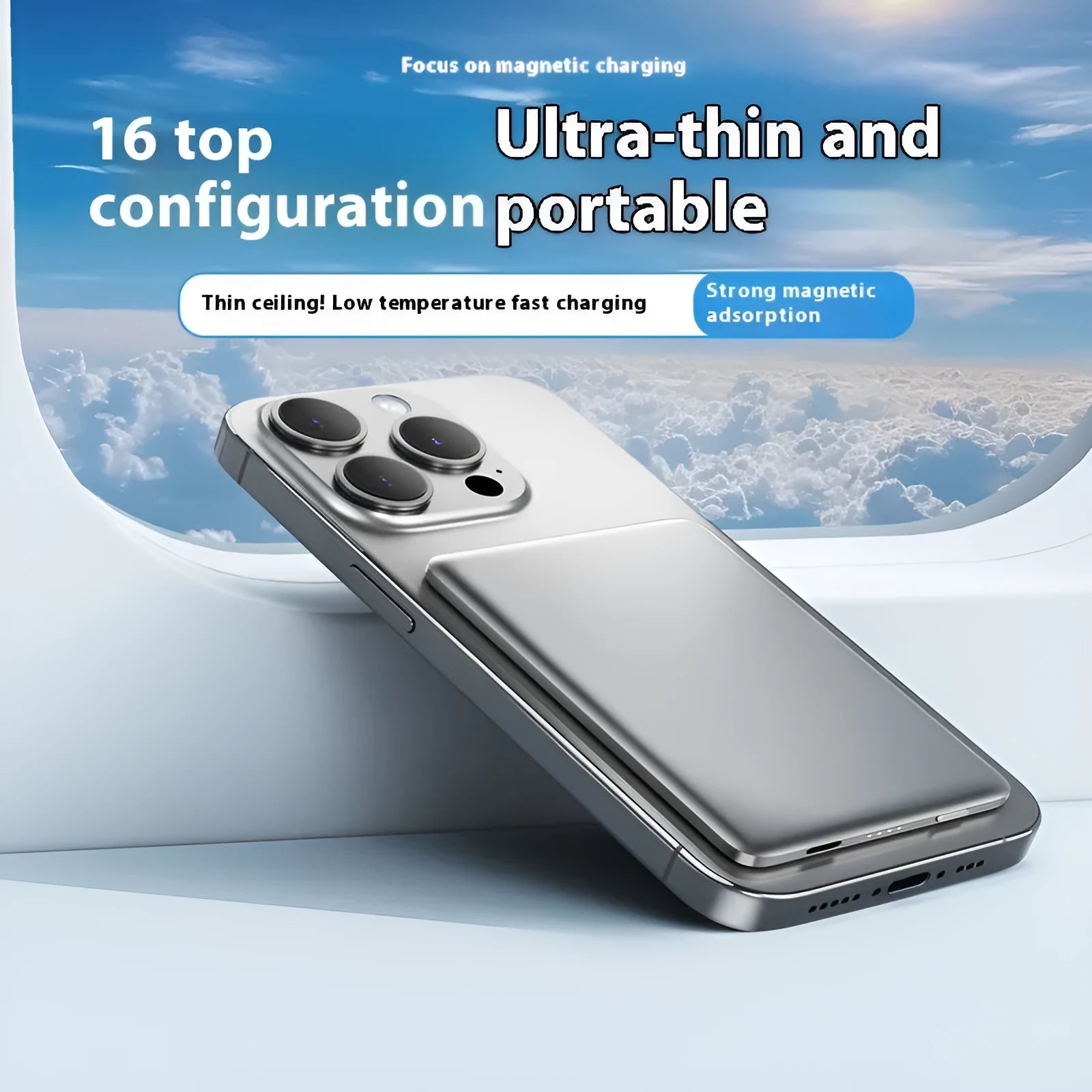 Gun grey magnetic wireless power bank with 10000mAh capacity and ultra-thin 9mm alloy design