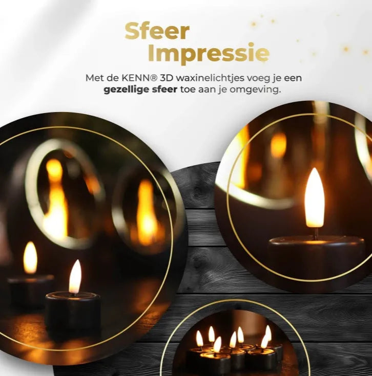Four black LED tealight candles showing flickering flame effect with dimensions 4.1cm diameter 5cm height