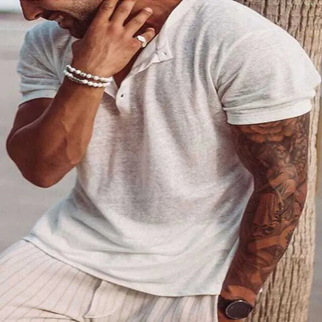 Casual short sleeve top with standing collar in white polyester, available in various sizes