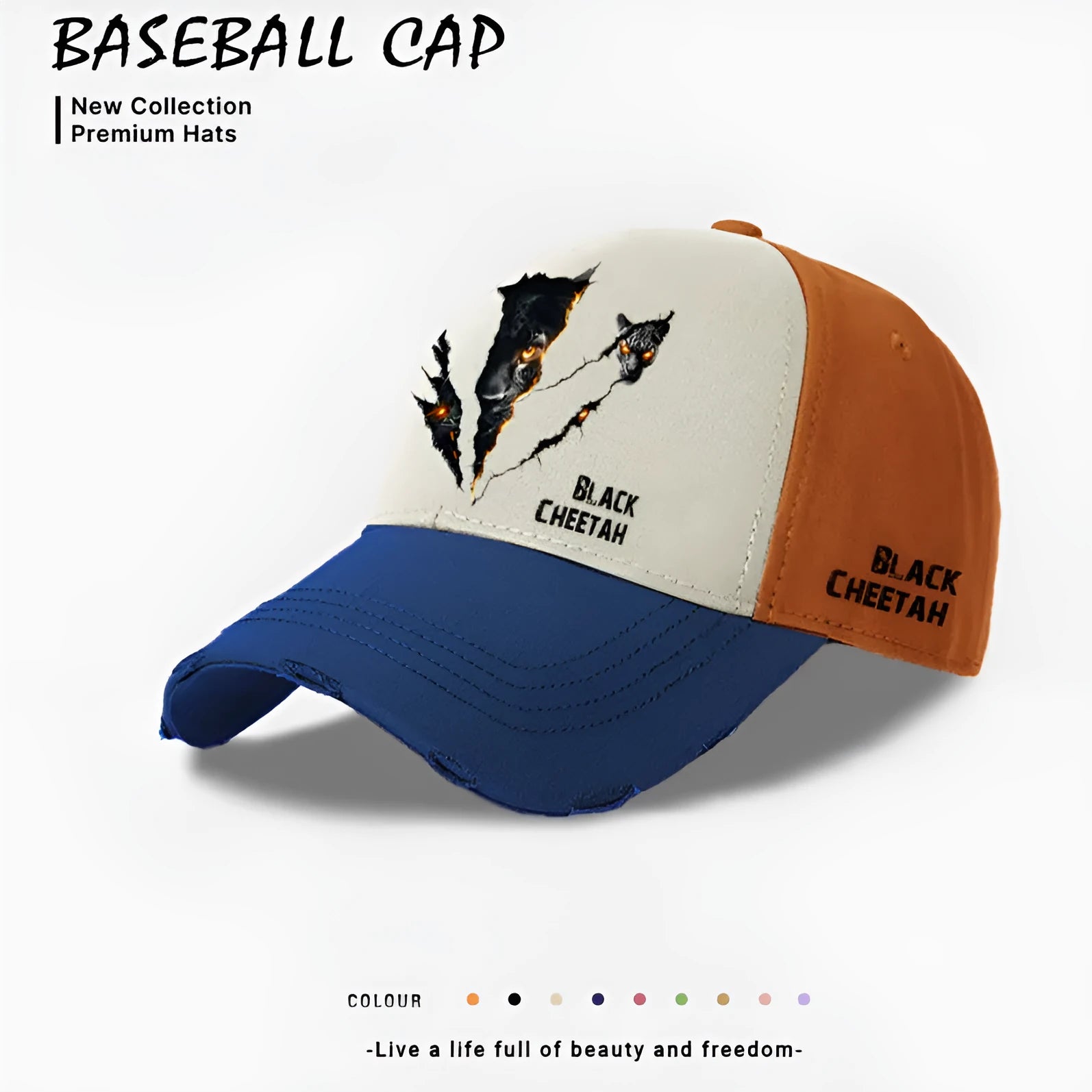 Men's polyester baseball cap shown in beige, black and blue colour options