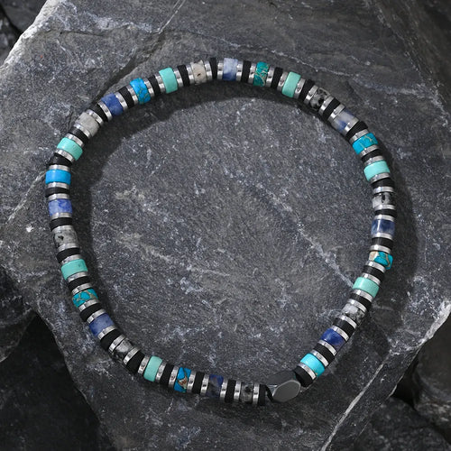 Hand-woven bohemian cylindrical bracelet with natural semi-precious stones in geometric arrangement