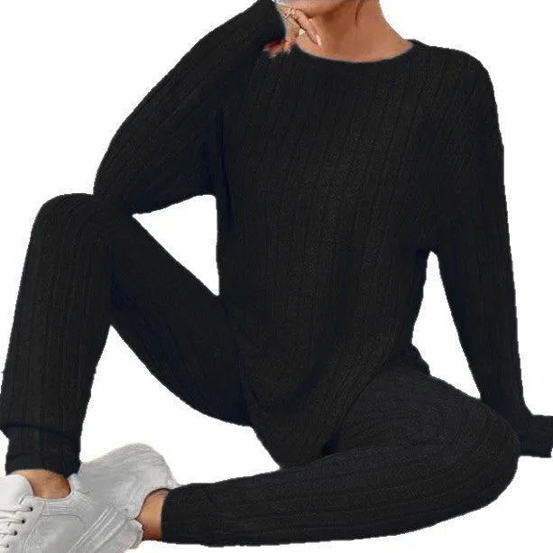 Black and blue sunken stripe pattern two-piece polyester homewear set for casual exercise.