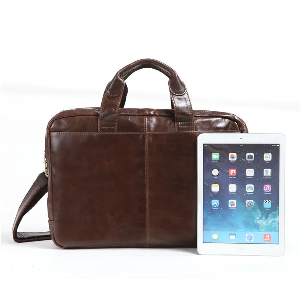 Brown men's business briefcase made from first layer cowhide leather with 18-inch capacity
