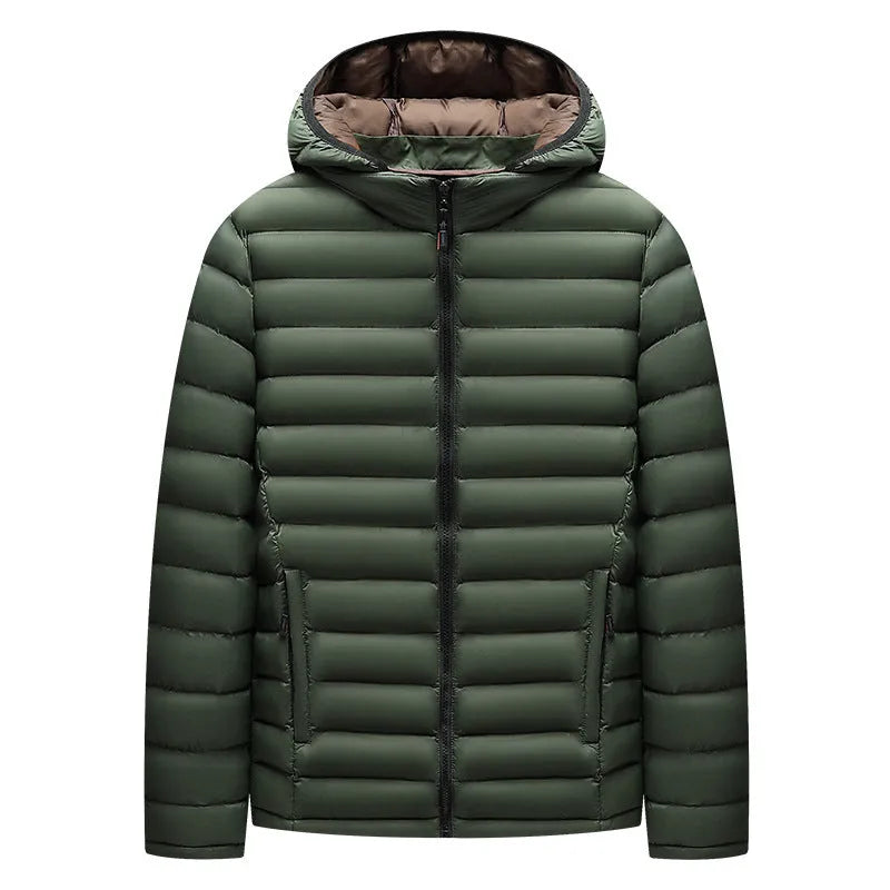 Men's lightweight solid-colour hooded down jacket with a detachable collar and zipper pockets.