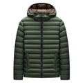 Men's lightweight solid-colour hooded down jacket with a detachable collar and zipper pockets.