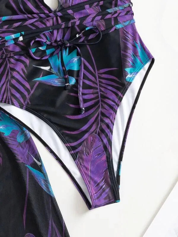 Women's three-piece swimsuit bikini set with cover-up coat in pattern design