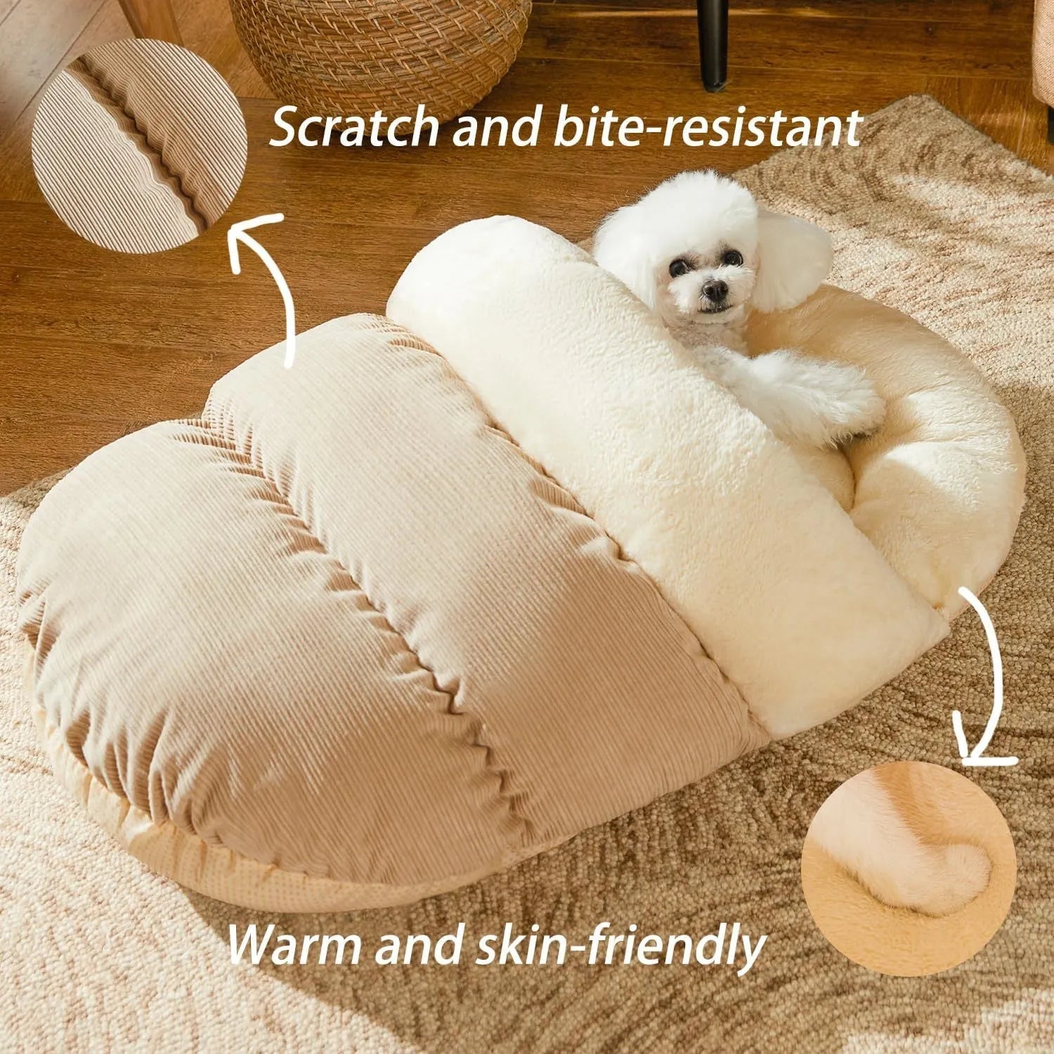 Grey slipper-shaped cat cave bed with plush lining on a wooden floor.