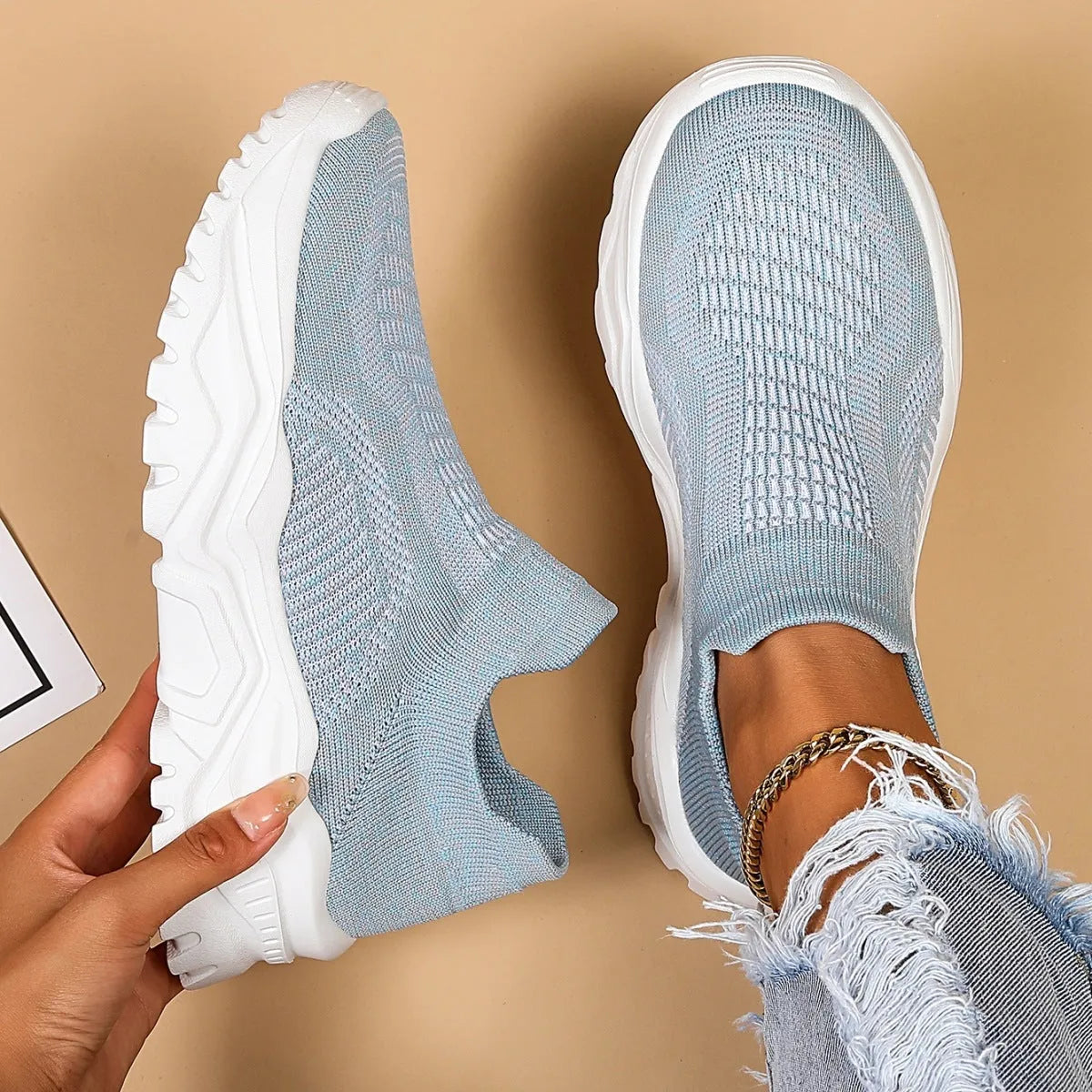 Light blue women's mesh slip-on casual shoes with rounded toe and mid heel