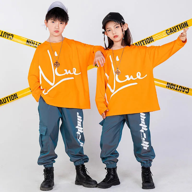 Children's cotton hip hop clothing set, loose fit, unisex, black top with grey blue pants, sizes 110-180cm