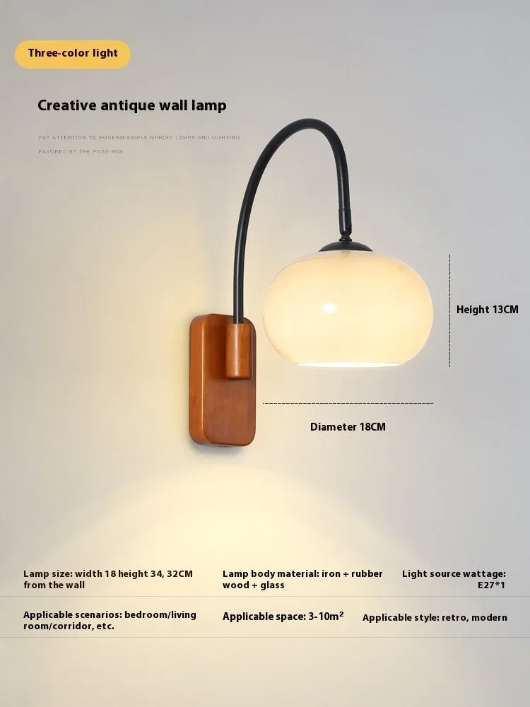 Creative retro glass wall LED lamp with walnut colour iron finish and milky white 32cm shade